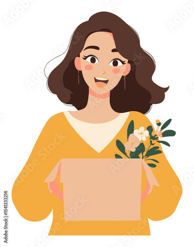 Happy woman holding a gift box with flowers in a colorful cartoon style