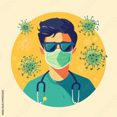 Healthcare Worker with Mask and Viruses Illustration