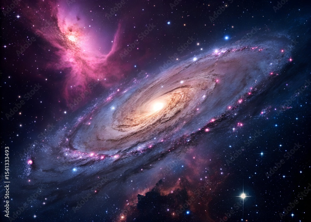 Naklejka premium A magnificent galaxy in space, with glowing purple, blue and pink spiral nebulae