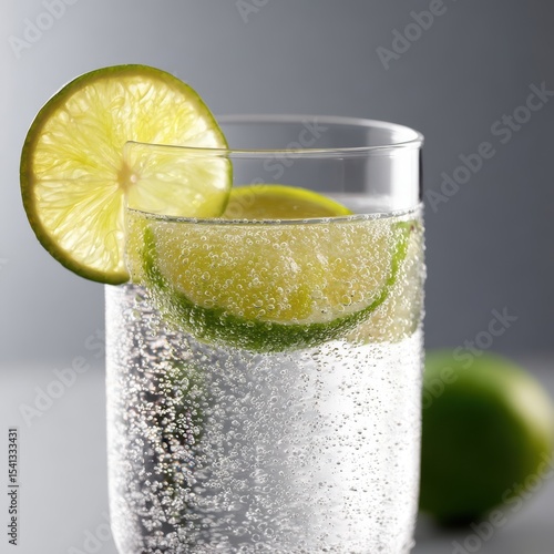 Refreshing glass with clear sparkling water and lime slices a lime garnish sits on the glass rim with a fresh lime in