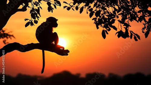 Fototapeta Silhouette of a monkey on a branch at sunset.