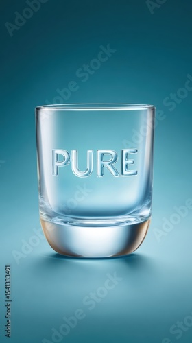 Clear glass with 'PURE' embossed on it partially filled with liquid set against a gradient blue background