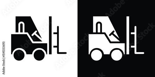 Forklift icon in flat black solid vector set