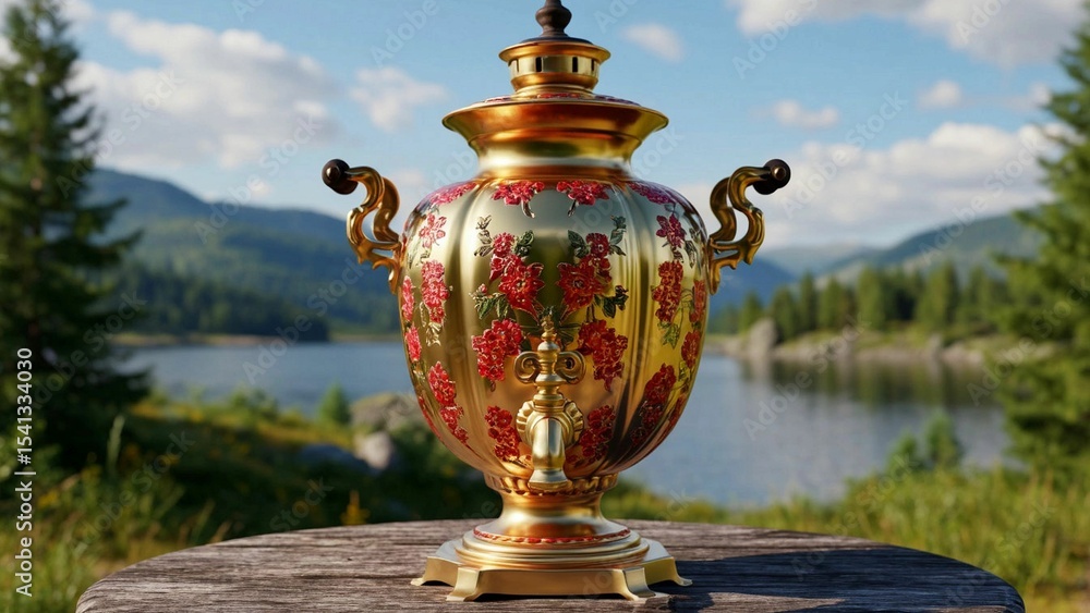 Naklejka premium old bronze jug on blue sky background