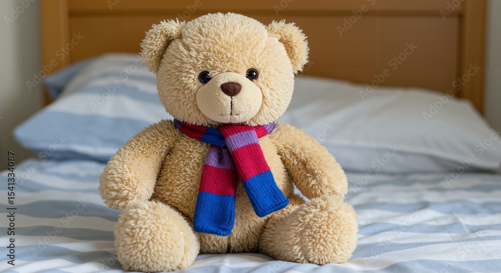 Soft Plush Teddy Bear with Colorful Scarf on Bed for Kids and Collectors Soft Plush Teddy Bear with Colorful Scarf on Bed for Kids and Collectors