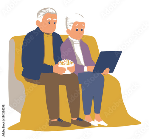 Elderly Couple Enjoying Time Together with Snacks and Tablet in Cartoon Style