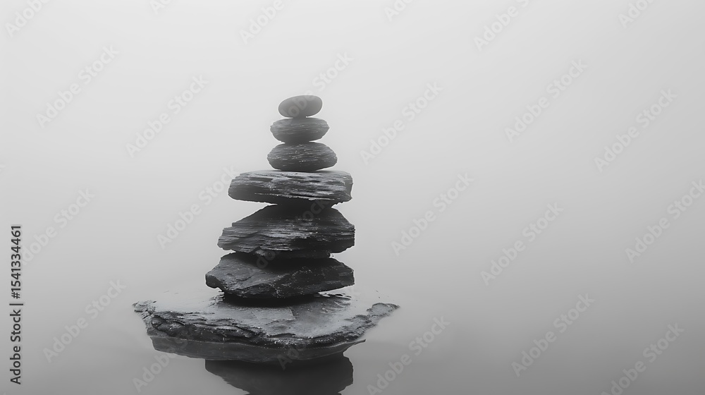 Obraz premium Balanced stones in a foggy landscape.