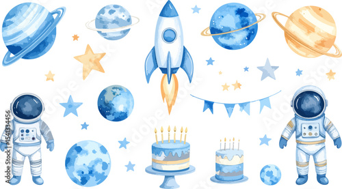 Vector illustration set of space rocket with globe and stars symbols