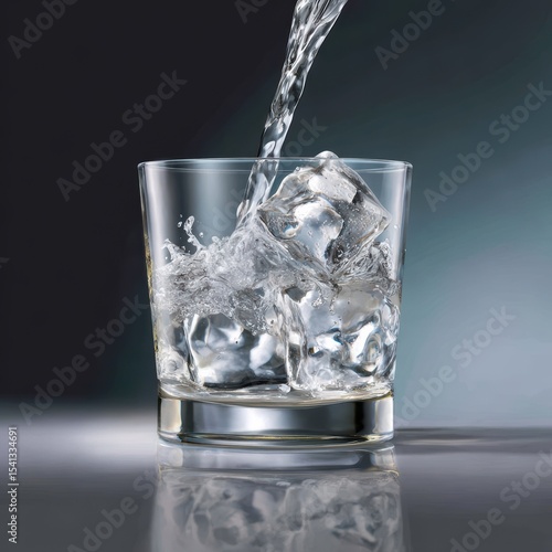 Water is poured into a glass with ice cubes creating a splash against a dark and reflective background