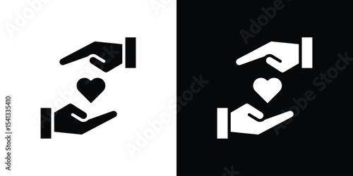 Hand holding heart icon in flat black solid vector set