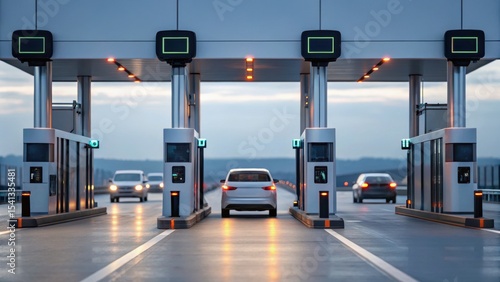 A toll booth scene at dusk with vehicles approaching, illuminated by lights, creating a dynamic transportation ambiance.