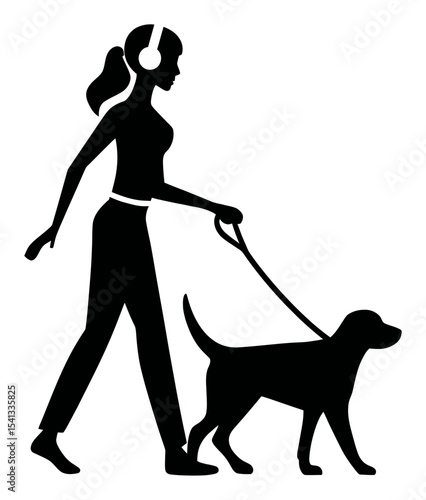Abstract Silhouette of Woman Walking Dog with Headphones on Urban Path