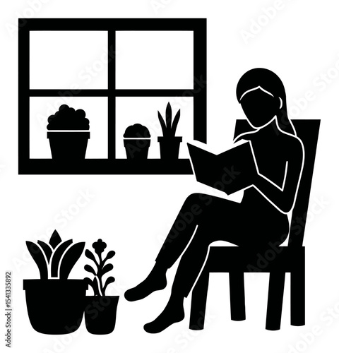 Abstract Drawing of Woman Reading in a Chair Near Indoor Plants