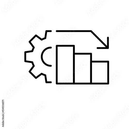 Low performance chart icon outline style. A declining bar graph with gear and downward arrow showing reduced efficiency or productivity drop. Thin line symbol vector illustration.