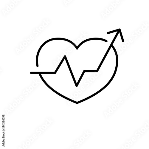 High blood pressure icon outline style. A heart with heartbeat line and upward arrow representing hypertension, heart risk, or medical monitoring. Thin line symbol vector illustration.
