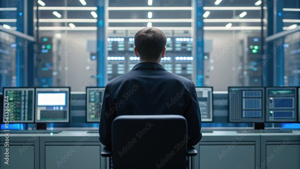 A person sits in front of multiple computer screens in a high-tech control room, focused on data and monitoring operations. A person sits in front of multiple computer screens in a high-tech control room, focused on data and monitoring operations.