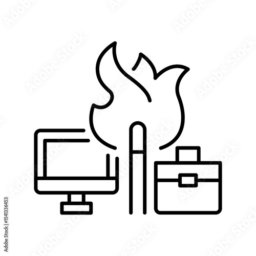 Office stress icon image with burning flame between desk and bag illustrating employee burnout or job fatigue