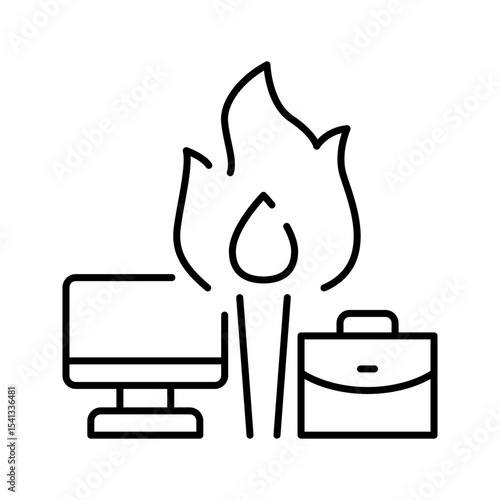 Burnout crisis icon Thin line symbol of workplace overload with fire laptop and briefcase representing remote job pressure