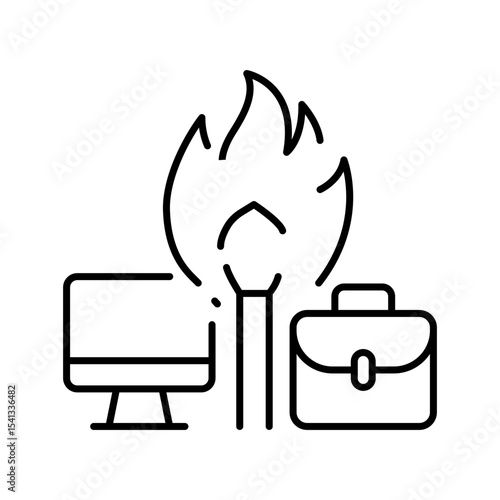 Work burnout icon Outline thin line symbol showing fire between computer and briefcase representing job stress and mental exhaustion