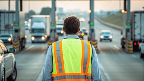 Worker in a reflective vest oversees traffic at a toll booth, focused on vehicle flow in a busy roadway setting.