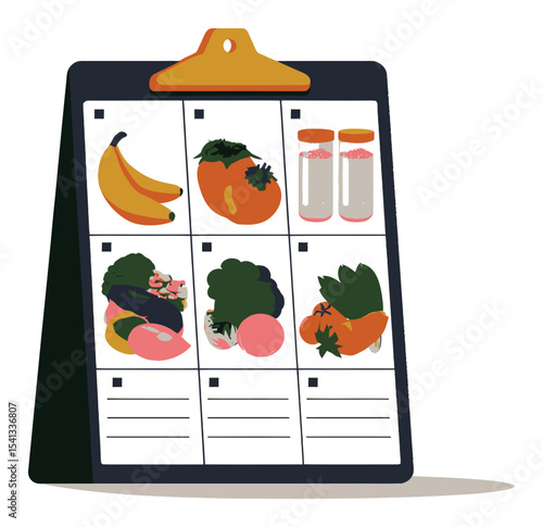 Colorful Cartoon Meal Planning Board with Fresh Fruits and Vegetables