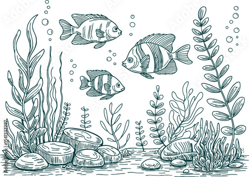  sketch illustrates a simple underwater scene with fish and aquatic plants. 