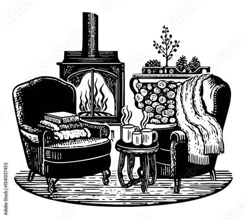 Cozy Living Room with Comfortable Chairs and Warm Fireplace Scene