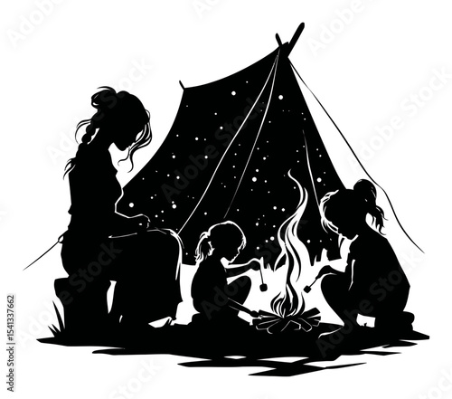Silhouette of Family Camping Together by a Fire Under Starry Sky