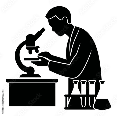 Scientist Examining Sample with Microscope in a Minimalist Style Illustration