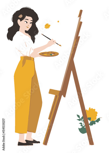 Female Artist Painting on Canvas with Palette and Brush in Cartoon Style