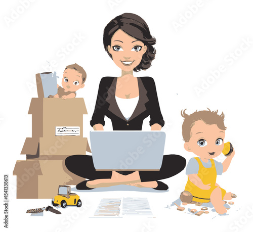 Working Mother Balancing Career and Parenthood in Cartoon Style Illustration