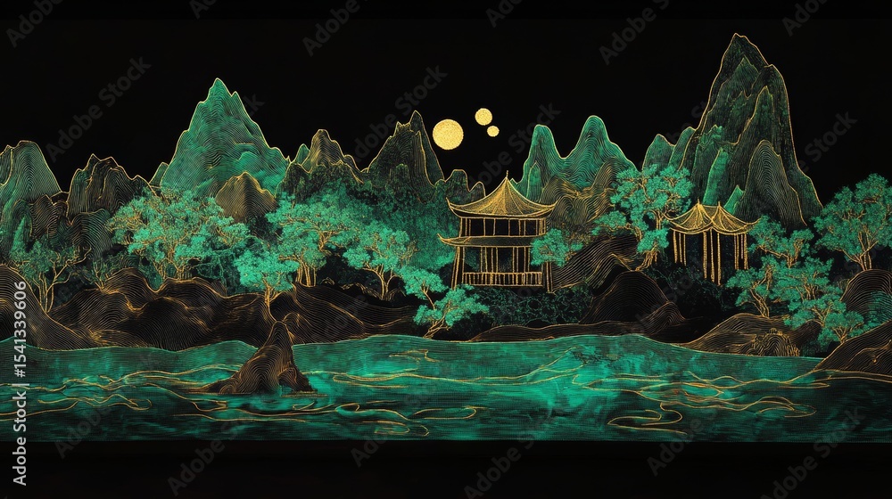Obraz premium The green mountains, pavilions, and trees in Chinese embroidery