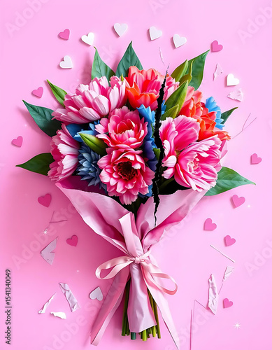 Wallpaper Mural Romantic Flower Bouquet with Paper Hearts on Pink Background
 Torontodigital.ca