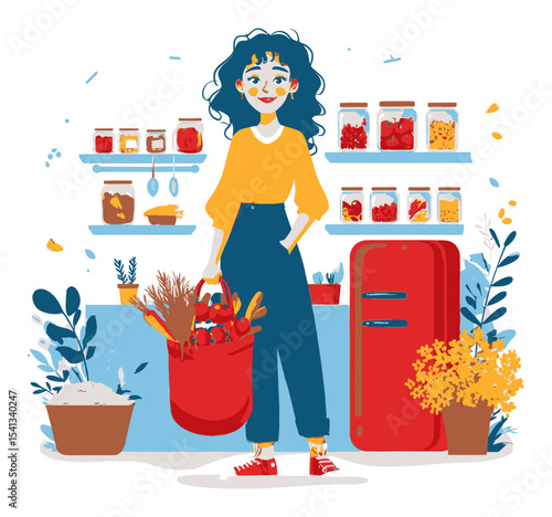 Cheerful Young Woman Holding Grocery Bag with Fresh Produce in Kitchen