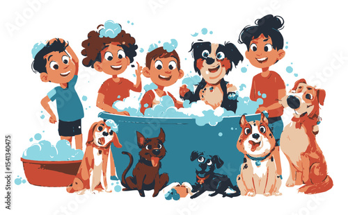 Kids Enjoying Fun Bath Time with Dogs and Bubbles in Vibrant Cartoon Style
