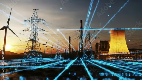 Power line wind turbine energy electricity technology digital sunset industry innovation futuristic infrastructure dynamic scene of power grid network, renewable energy landscape, and digital overlay