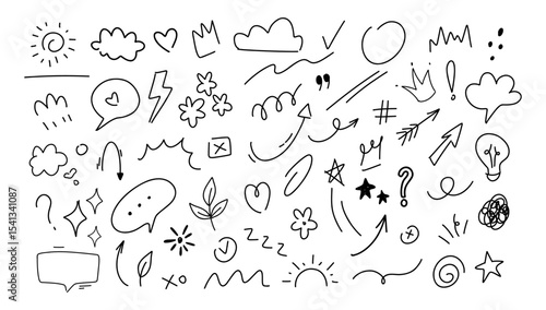 Sketch underline, emphasis, arrow shape set. Hand drawn abstract scribbles and squiggles, creative various shapes.Cartoon style manga doodle line expression scribble anime mark collection.