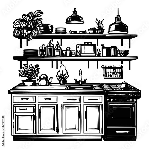 Detailed Illustration of Modern Kitchen Characterized by Open Shelving