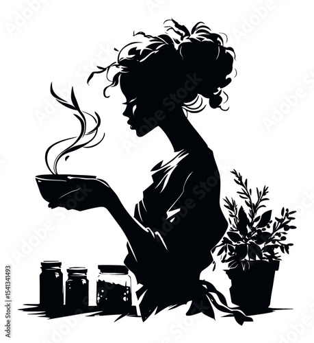 Elegant Silhouette of a Woman Holding a Bowl with Steam and Herbs