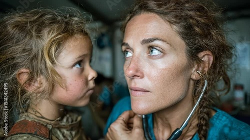 Female Doctor Examining a Young Girl with Stethoscope, Healthcare in a Rural Setting, Compassionate Medical Professional, Child Patient