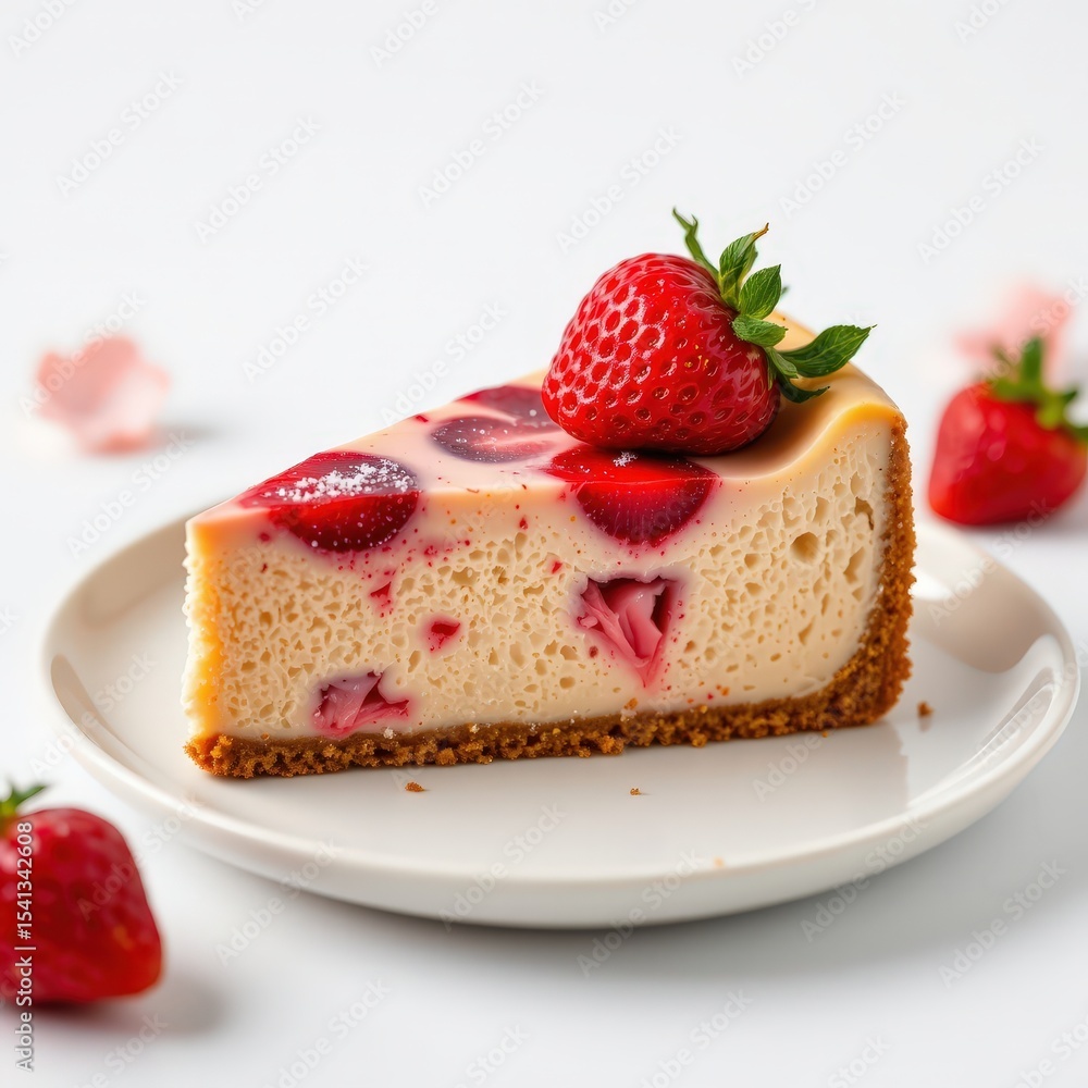 realistic photograph of a complete slice of strawberry cheesecake, isolated on white background realistic photograph of a complete slice of strawberry cheesecake, isolated on white background