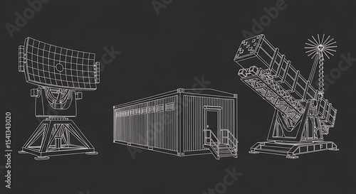 Detailed line art illustration of surveillance radar, military equipment, and building on black