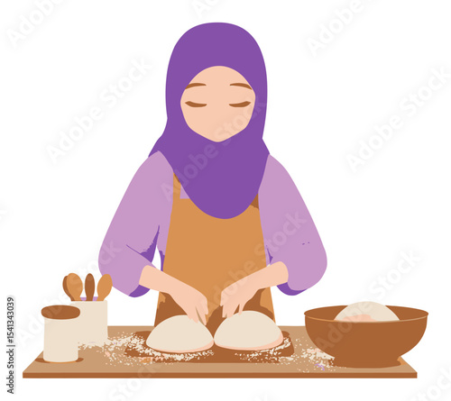 Woman in Hijab Preparing Dough on Kitchen Counter in Cartoon Style