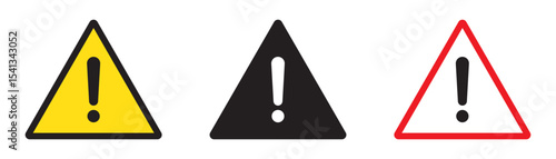 Attention icon set. Safety notice sign. Danger sign, warning sign, attention sign. Triangle sign with exclamation mark. 
