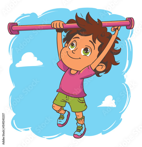 Happy Child Climbing on Bar in Blue Sky with Clouds and Cheerful Expression