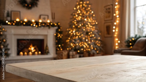 Wallpaper Mural Empty Wooden Table in Cozy Christmas Room. Festive living room with glowing Christmas tree and fireplace in background, featuring empty wooden table ready for holiday setup Torontodigital.ca
