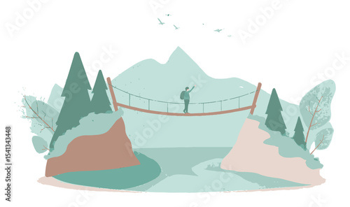 Serene Landscape with a Person on a Suspension Bridge Against Mountains
