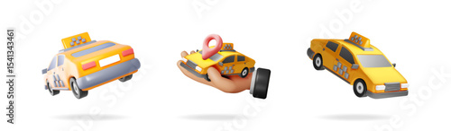 Yellow taxi car set with hand holding a taxi with a location map pin concept. Online transport booking business.