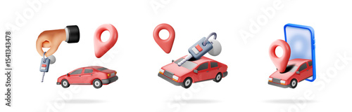 Hand with car key, key in car, car with map pin and smartphone app. Rental vehicle, insurance, buy, sell concept.