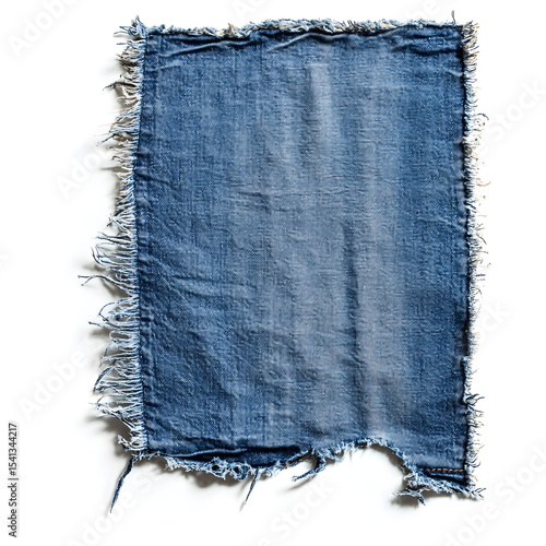 Frayed denim fabric with rugged edges, textured and worn, isolated on white background.